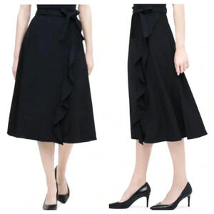CALVIN KLEIN | Black Flouncy Ruffled Faux-Wrap Side Zipped Midi Skirt Size 14